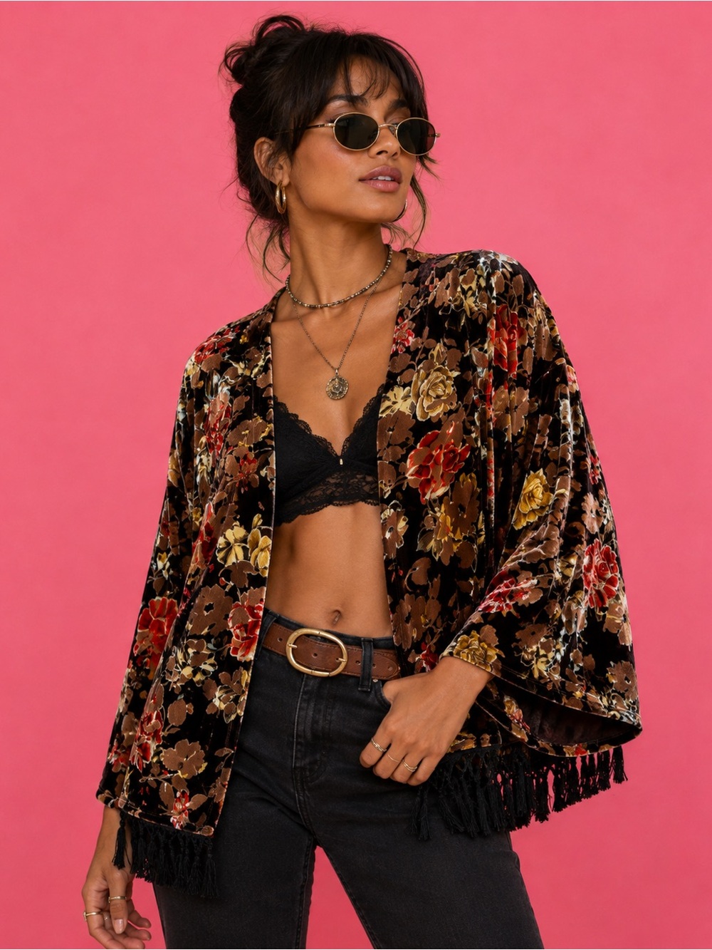 Ya Ya Club Brown Floral Velvet Kimono Size M